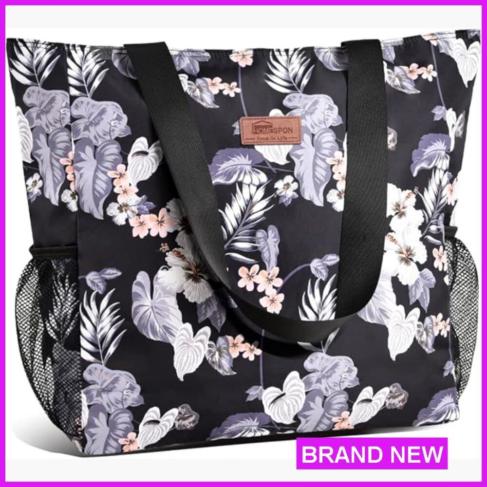 Large Waterproof Tote Bag Foldable Travel Beach Pool Gym Zipper Pockets